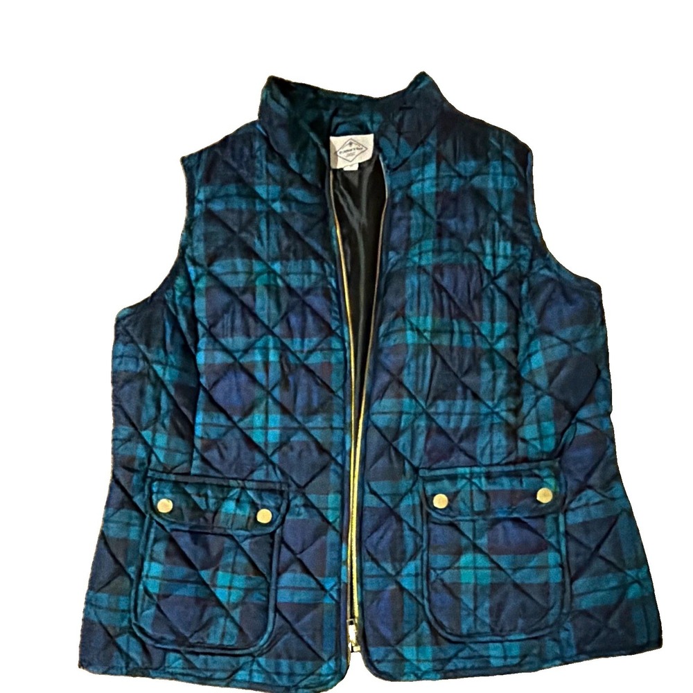 St. John's Bay Women's XL Quilted Plaid Zip Vest Blue Green Pockets